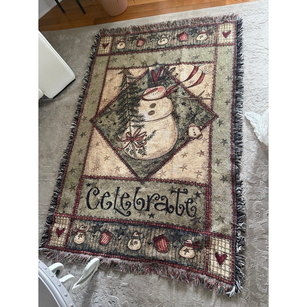 Vintage Tapestry Throw Blanket SNOWMAN HAT CELEBRATE 68X44"